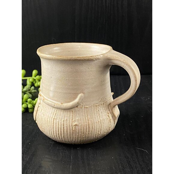 Studio Pottery Clay Mug JT Applied Leaf and Vine Design Cream Ribbed - Picture 3 of 9